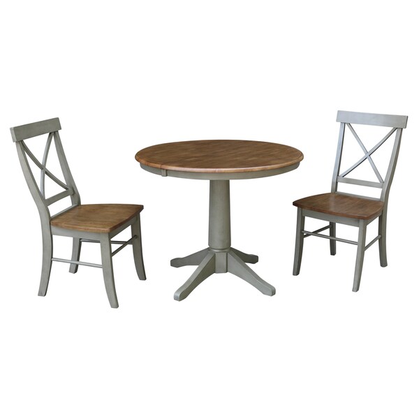 International Concepts Round 36 in Rd Extension Dining Table, 2 X-Back Chairs, Hickory/Stone, 36 W, 48 L, 30.1 in H, Wood K41-36RXT-27B-C613-2 - main